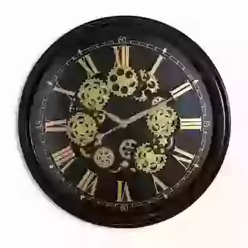 Large Round Moving Gears Clock Black and Gold